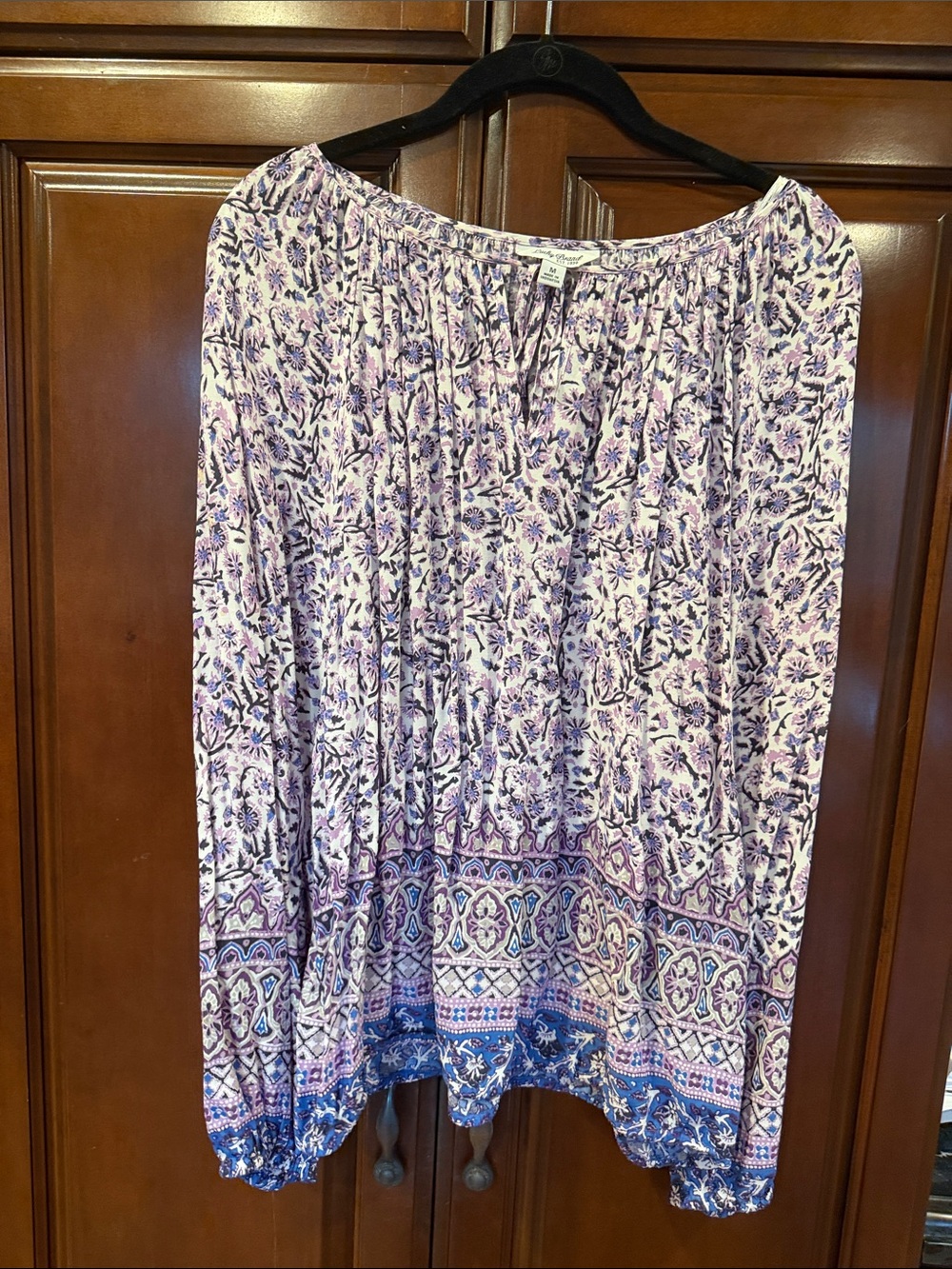 Lucky Brand Purple Floral boho blouse with Blue Border